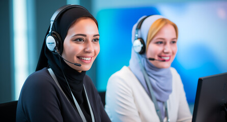 Call center staff or podcast talking and provide services to customers via headphones and microphone cable at office. Service mind and information recording skills. Soft focus
