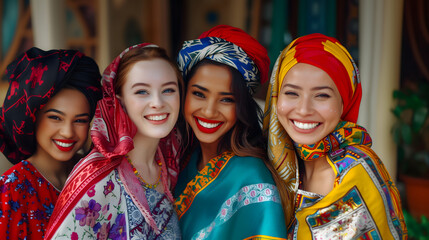 Four happy and smiling women of diversity nationalities wearing ethnic clothes, showing unity and diversity. Black, white and Asian women empowering and supporting each other on blurred background. - obrazy, fototapety, plakaty