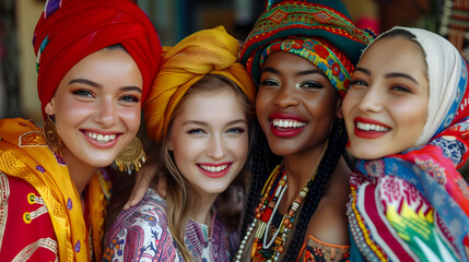 Four happy and smiling women of diversity nationalities wearing ethnic clothes, showing unity and diversity. Black, white and Asian women empowering and supporting each other on blurred background. - obrazy, fototapety, plakaty