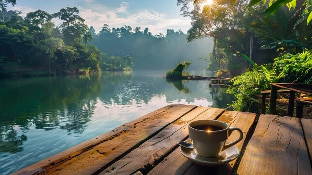 A cup of coffee enjoyed by the lakeside with calm water and beautiful scenery, nature video background