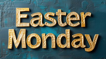 Golden Textured Easter Monday Lettering on a Blue Background.