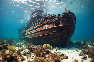 Fotobehang Shipwreck on the seabed of the Indonesian Maldives archipelago © wendi