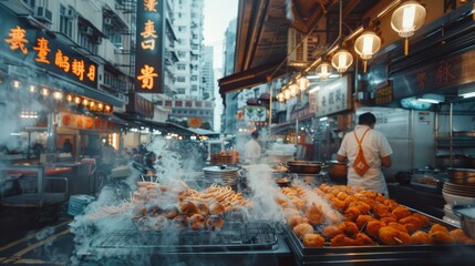 Bustling Asian Street Food Market Scene with Steamy Stalls at Dusk - obrazy, fototapety, plakaty