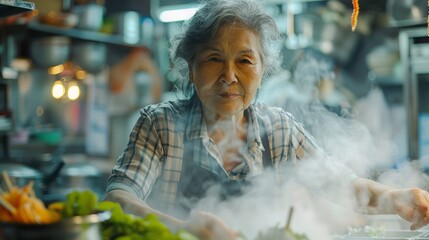 Elderly Asian Woman Cooking Traditional Food in a Market Kitchen