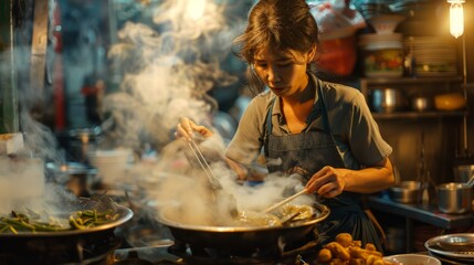 Traditional Asian Street Food Vendor Cooking in Outdoor Night Market