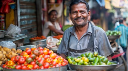 Smiling Street Vendor Selling Fresh Vegetables at Local Market Stall