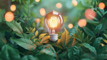 Bright Light bulb with home green leaves and plants. for the concept of renewable clean energy and saving electricity bill cost using sustainable resources and consumption data. 3D. Generative AI.