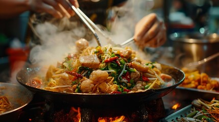 Traditional Asian Stir-Fry Cuisine Sizzling in Wok on Fiery Stove
