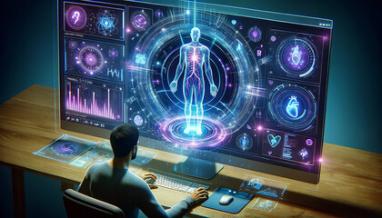 A person interacts with a futuristic holographic display of a human anatomy, showing detailed body systems, heart rate data, and various health metrics.Concept of future harvesting solutions.AI genera