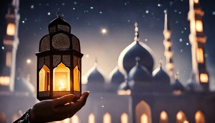 Decorative Arabic lantern with burning candle glowing on the background of the night mosque.  Festive invitation card for the holy Muslim month of Ramadan Kareem