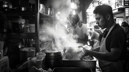 Bustling Asian Street Food Vendor Preparing Meals in Steamy Stall