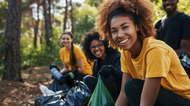 Group of happy volunteers enjoy charitable picking trash into garbage bags for recycling to reduce pollution in a public park