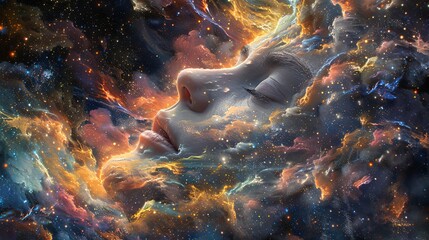 A tranquil image merging a woman's peaceful face with the dynamic, star-filled tapestry of the cosmos, symbolizing unity with the universe. Lucid dreaming - obrazy, fototapety, plakaty