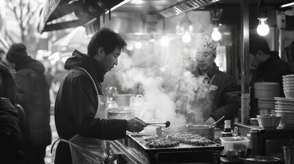 Fototapeta na wymiar Street Food Vendor Cooking at Bustling Night Market