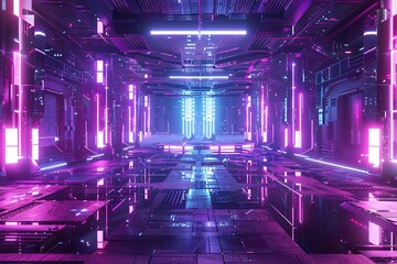 Fototapeta na wymiar Empty purple space, neon lights, Futuristic, modern interior, future room style or spaceship, sci-fi, hi-tech, background, 3D rendering.