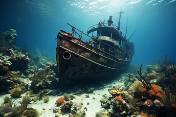 Muurstickers Shipwreck on the seabed of the Indonesian Maldives archipelago © wendi