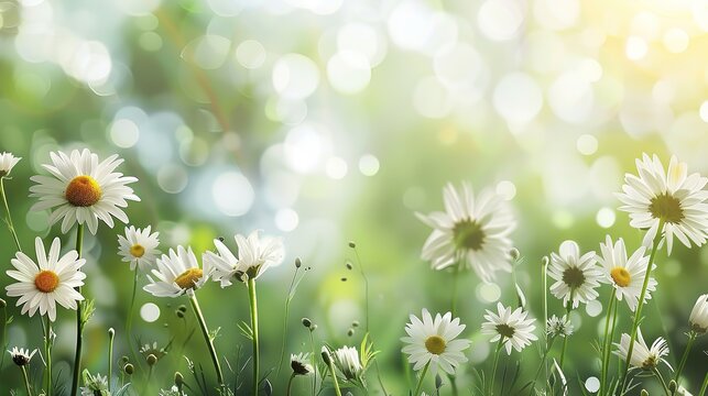 Beautiful summer nature background with daisy flowers, herbs and grasses, sunlight and bokeh. Outdoor , generative ai,