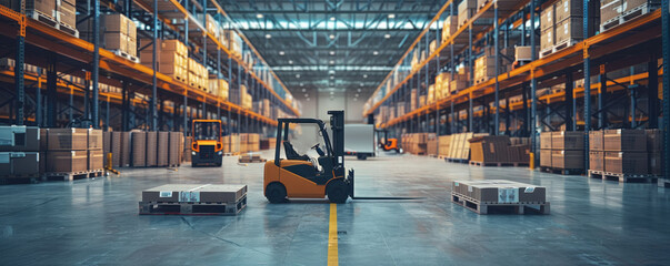 Fototapeta premium A large warehouse with forklifts and trucks coming in and out. Generative AI.