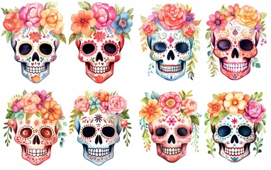 Papier Peint photo Crâne aquarelle watercolor cartoon cute skeleton skull decorated with make up and spring flower headdress, día de los muertos, day of the dead, collection set isolated on white background, Generative Ai