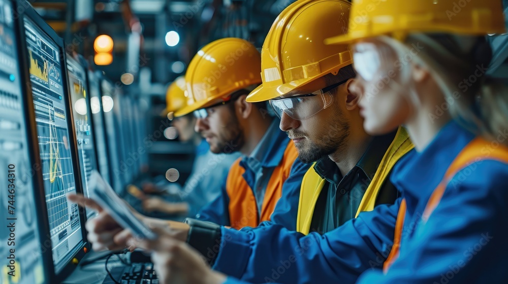 Poster Engineers wearing hard hats working with their customers while looking at graphs and charts. Generative AI.