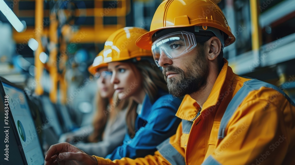 Poster Engineers wearing hard hats working with their customers while looking at graphs and charts. Generative AI.