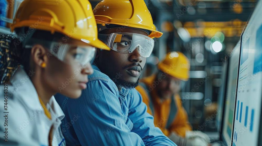 Poster Engineers wearing hard hats working with their customers while looking at graphs and charts. Generative AI.