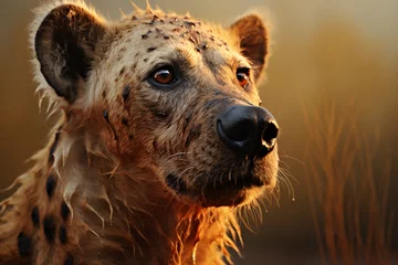 Foto auf Acrylglas Striped hyena close up sunset light background © wendi
