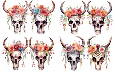 Papier Peint photo Crâne aquarelle watercolor cartoon skeleton skull with horn decorated with  spring flower headdress, día de los muertos, day of the dead, collection set isolated on white background, Generative Ai
