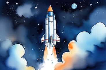 Rocket takes off into space. Space background. Watercolor Illustration.