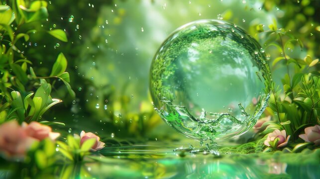 Crystal clear water drop background is green full of vitality and lush plants inside there is a world inside beautiful scenery 3D HD big picture creative design