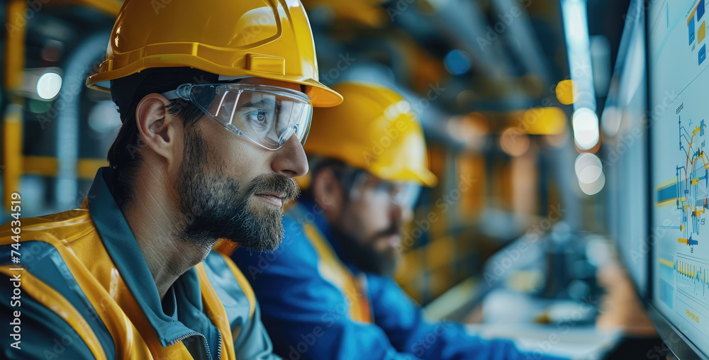 Aufkleber Engineers wearing hard hats working with their customers while looking at graphs and charts. Generative AI.