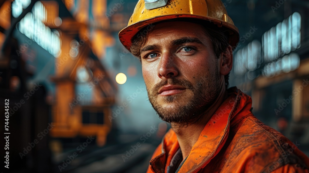 Poster a worker in a steel mill factory looking into the camera. generative ai.