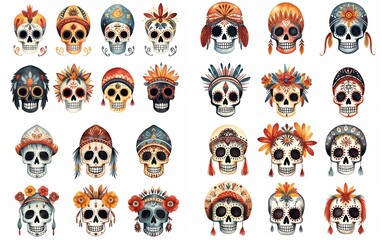 Fototapeta premium watercolor cartoon cute skeleton skull fanciful decorated with flowers, feather, and hat , día de los muertos, day of the dead, collection set isolated on white background, Generative Ai
