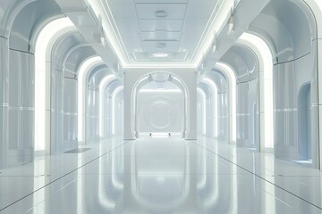 Empty white space, neon lights, Futuristic, modern interior, future room style or spaceship, sci-fi, hi-tech, background, 3D rendering.