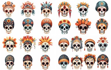 watercolor cartoon cute skeleton skull fanciful decorated with flowers, feather, and hat , día de los muertos, day of the dead, collection set isolated on white background, Generative Ai
