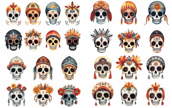watercolor cartoon cute skeleton skull fanciful decorated with flowers, feather, and hat , día de los muertos, day of the dead, collection set isolated on white background, Generative Ai