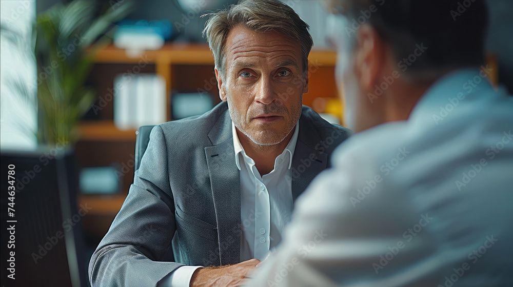 Poster a businessman is explaining to a male colleague on a computer on his desk in the office. generative 