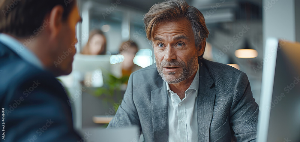 Poster a businessman is explaining to a male colleague on a computer on his desk in the office. generative 