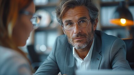 A businessman is explaining to a male colleague on a computer on his desk in the office. Generative AI.