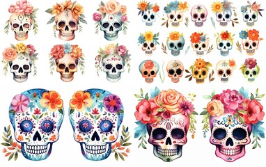 watercolor cartoon cute skeleton skull decorated with make up and spring flower headdress, día de los muertos, day of the dead, collection set isolated on white background, Generative Ai