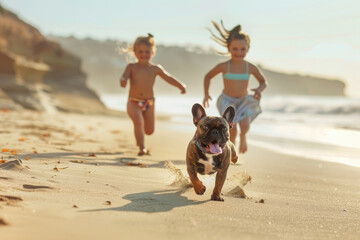 Happy children running alongside their small Bulldog along the beach coast - obrazy, fototapety, plakaty