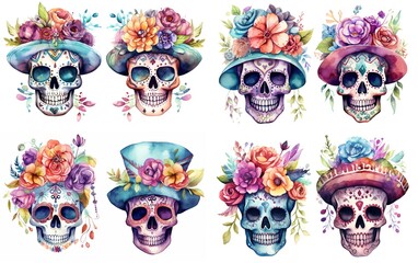 watercolor cartoon cute skeleton skull wearing hat decorated  with make up and spring flower headdress, día de los muertos, day of the dead, collection set isolated on white background, Generative Ai