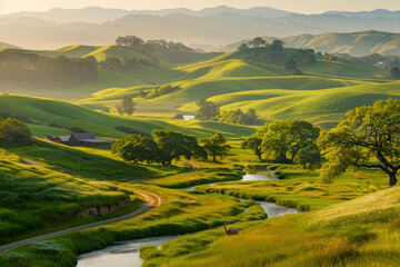 Idyllic countryside panorama with rolling hills, meandering streams.