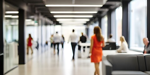 business people walking in bright office lobby fast moving with blurry, crowded office workplace people walking in corridor, busy business people executives walking in office building interior lobby