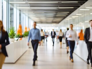 Fototapeta na wymiar business people walking in bright office lobby fast moving with blurry, crowded office workplace people walking in corridor, busy business people executives walking in office building interior lobby