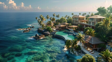 A luxury resort nestled among palm trees on a tropical island, with infinity pools overlooking the...