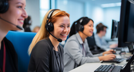 Fototapeta na wymiar Call center agent with headset working on support hotline in modern office with copy space. Portrait of mature positive agent in conversation with customer over headset