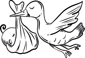 sketch stork with newborn baby hand drawn