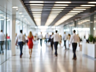 Fototapeta na wymiar business people walking in bright office lobby fast moving with blurry, crowded office workplace people walking in corridor, busy business people executives walking in office building interior lobby