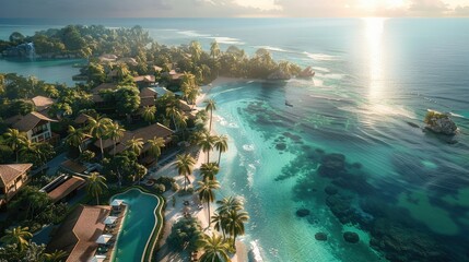 A luxury resort nestled among palm trees on a tropical island, with infinity pools overlooking the azure sea water and private villas dotting the coastline. Aerial high view. Generative AI.